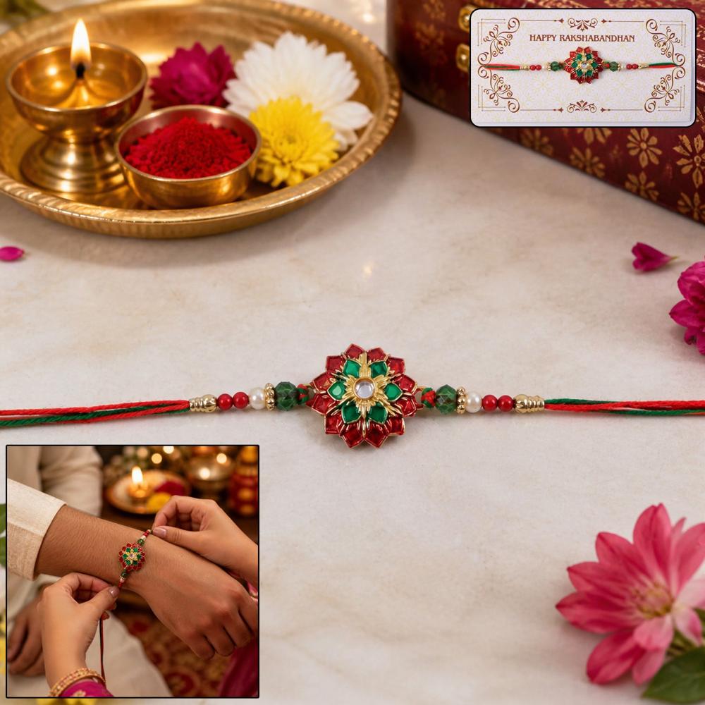 Traditional Floral Stonework Rakhi Elegant & Durable Design - Color: Mix