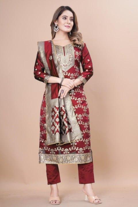 Maroon Color Ladies Embroidery Kurti With Pant And Dupatta Set - Cotton Blend, Multiple Sizes, Zari Threadwork, Breathable Fabric