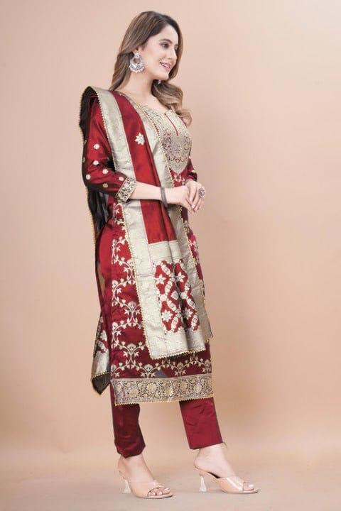 Maroon Color Ladies Embroidiery Kurti With Pant And Duptta Set