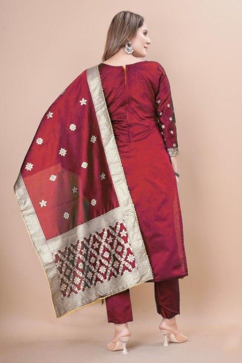 Maroon Color Ladies Embroidiery Kurti With Pant And Duptta Set