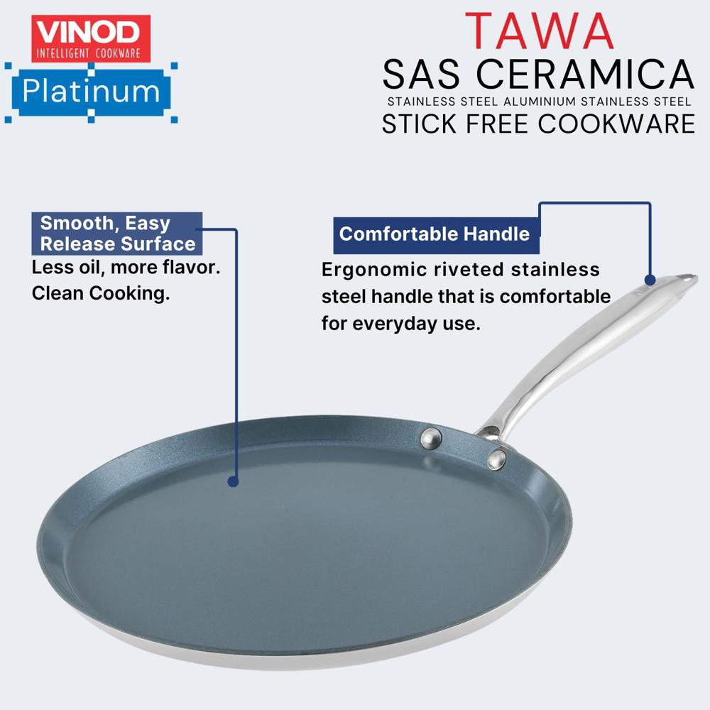 Vinod SAS Ceramic Platinum Triply Stainless Steel Non Stick Dosa Tawa - 31 cm | 4 mm Thick | Stick Free Coating | Metal Spatula Safe | Heat Resistant Handle | Induction & Gas Compatible | Toxin Free