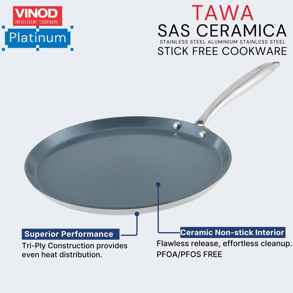 Vinod SAS Ceramic Platinum Triply Stainless Steel Non Stick Dosa Tawa - 31 cm | 4 mm Thick | Stick Free Coating | Metal Spatula Safe | Heat Resistant Handle | Induction & Gas Compatible | Toxin Free