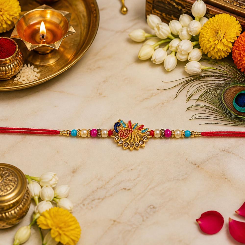 Colorful Peacock Rakhi  Elegant Festival Gift with Stones