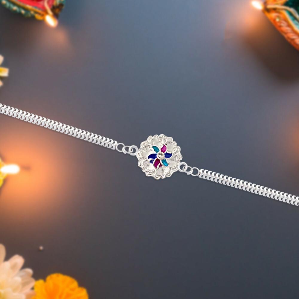 Silver Floral Rakhi  Premium Enamel Dual Chain | Periapt Rakhi