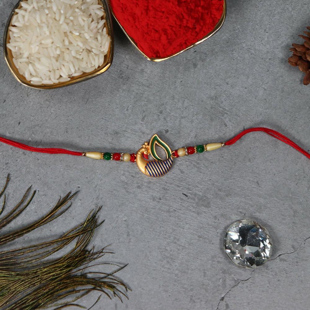Peacock Feather Rakhi Handcrafted Elegant Raksha Bandhan Thread - Color: Mix