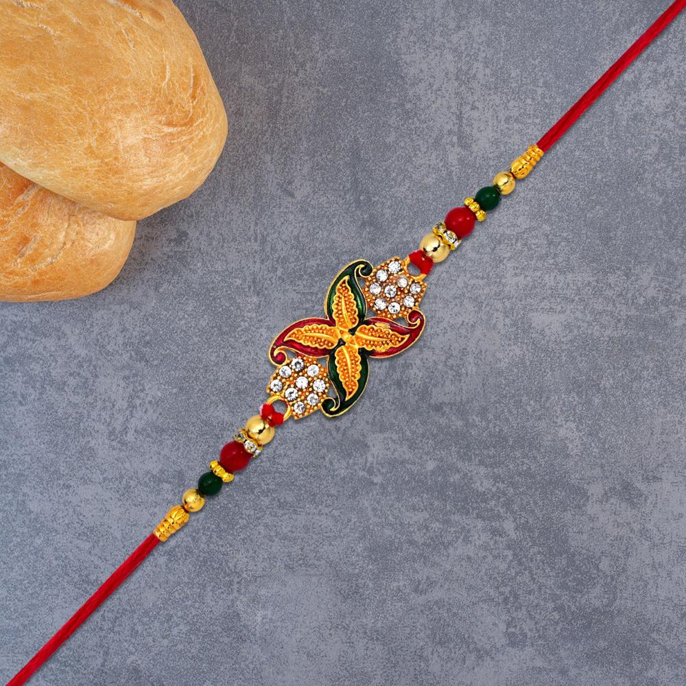 Bead Rakhi with Golden Flower Motif  Elegant & Festive Sibling Gift