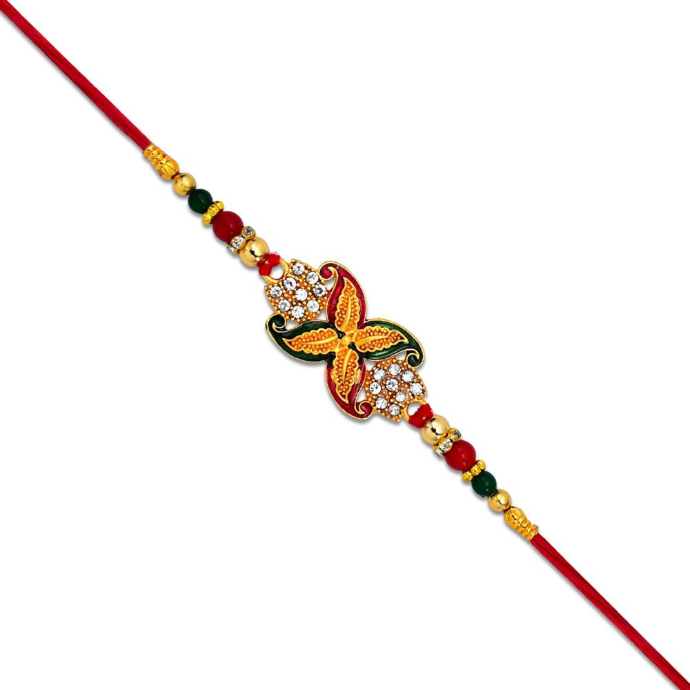 Bead Rakhi with Golden Flower Motif  Elegant & Festive Sibling Gift