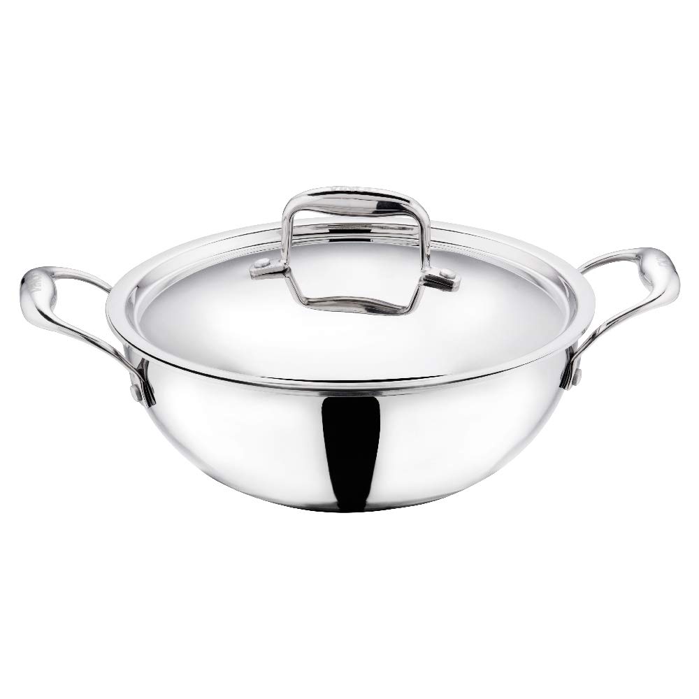 Vinod Stainless Steel Triply Kadhai with Lid, 2.5 Litres, Metallic 22 cm