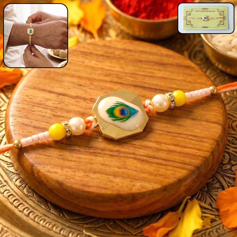 Peacock Feather Rakhi Stylish Traditional Sibling Gift - Color: Mix