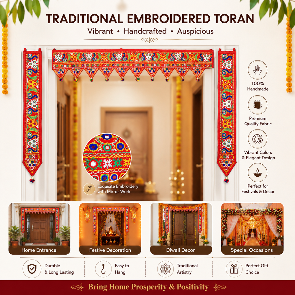 Krishna Handloom Embroidery Toran For Main Door Decor E 27 - Color: Red