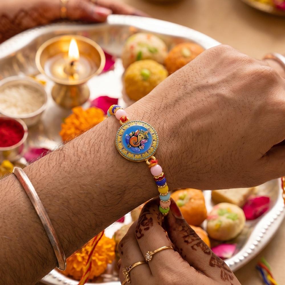 Lord Ganesha Rakhi  Elegant Designer Thread with Beads for Raksha Bandhan
