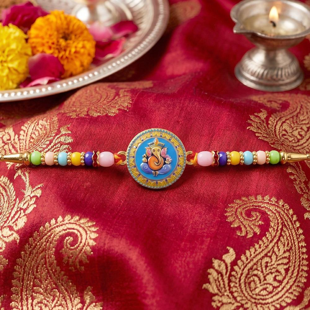 Lord Ganesha Rakhi  Elegant Designer Thread with Beads for Raksha Bandhan