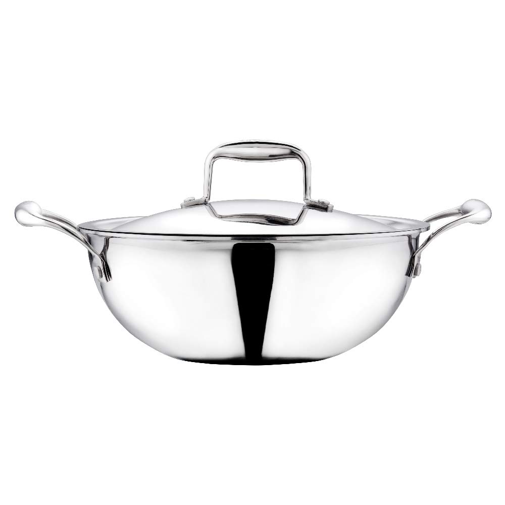 Vinod Platinum Triply Stainless Steel Extra Deep Kadai with Lid - 5 L, 28 cm | 2.5mm Thick Base, Even Heating, Less Oil Healthy Cooking, Heavy Bottom Induction Cookware Kadhai for Cooking & Frying