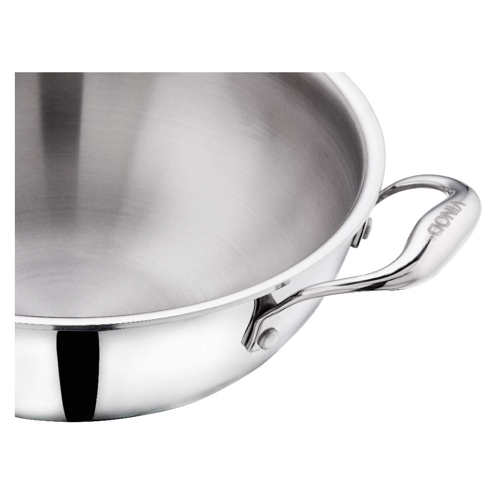 Vinod Platinum Triply Stainless Steel Extra Deep Kadai with Lid - 5 L, 28 cm | 2.5mm Thick Base, Even Heating, Less Oil Healthy Cooking, Heavy Bottom Induction Cookware Kadhai for Cooking & Frying