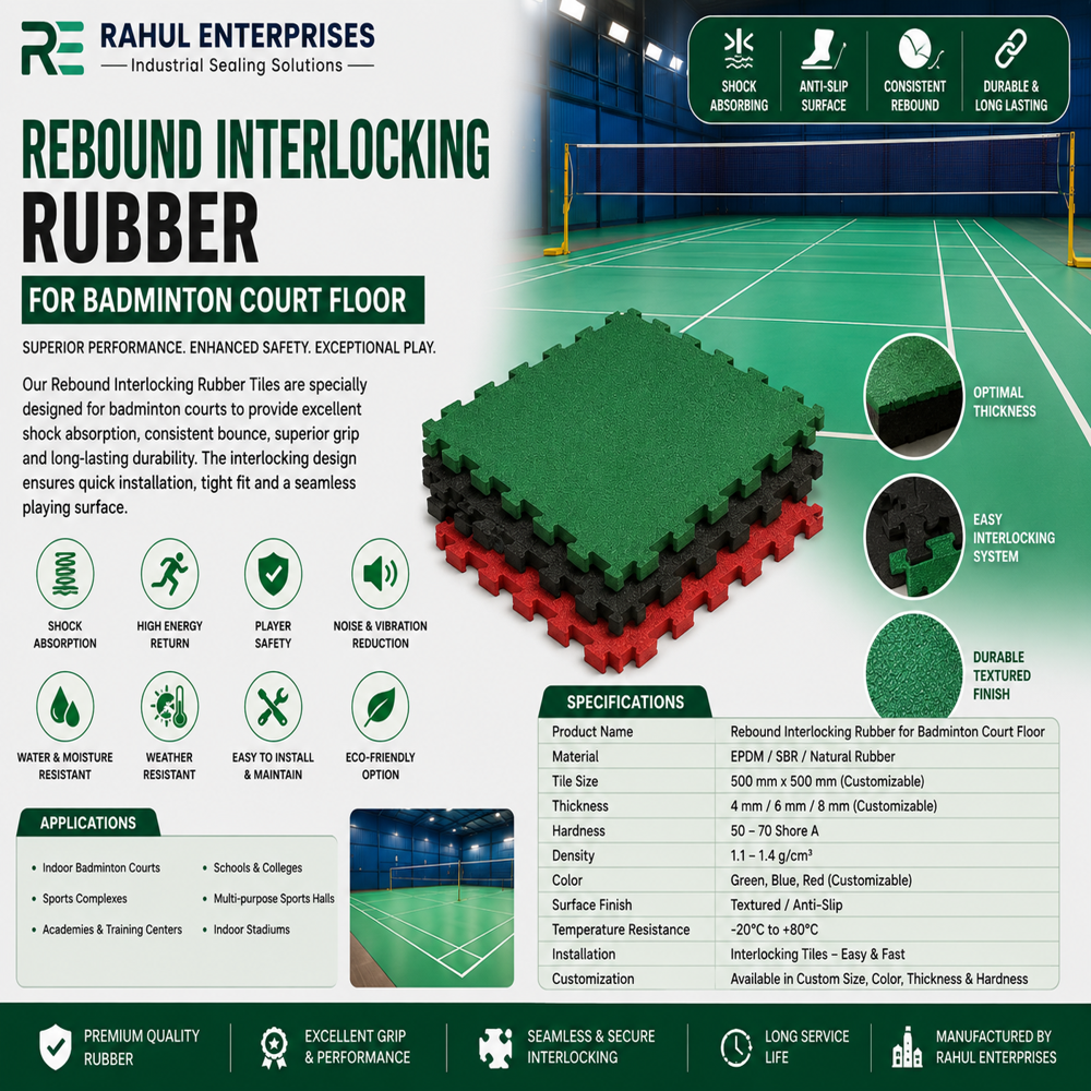 Rebound Interlocking Rubber For Badminton Court Floor - Finish: Polished