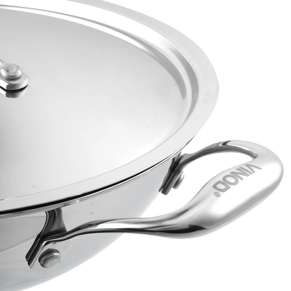 Vinod Cookware Food Grade 2.5Litre Induction Friendly Platinum (TRI PLY) 18/8 Stainless Steel Kadai with Stainless Steel Lid (24cm, 2.5 Litre)