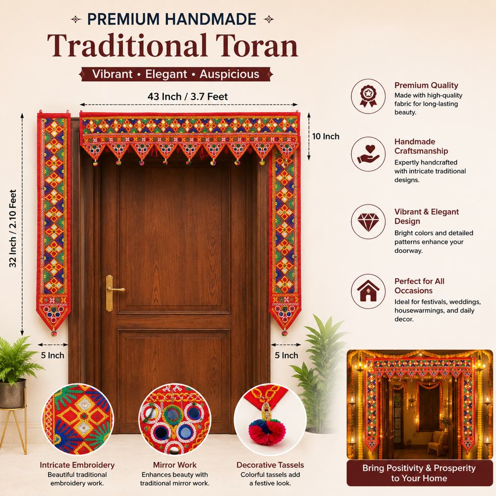 Krishna Handloom Temple Entrance Toran For Festival Decoration F 7 - Color: Red