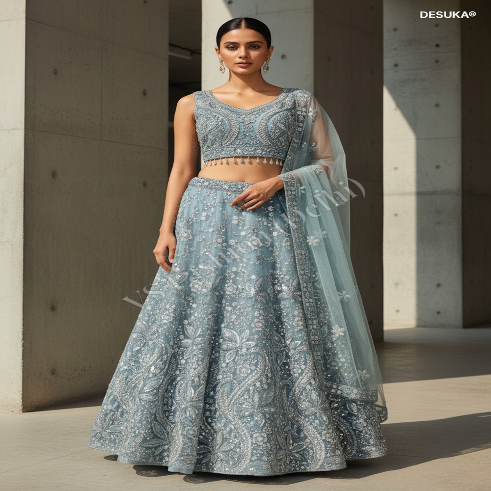 CTP-60005 Dusty Blue Lehenga With Floral Embroidery