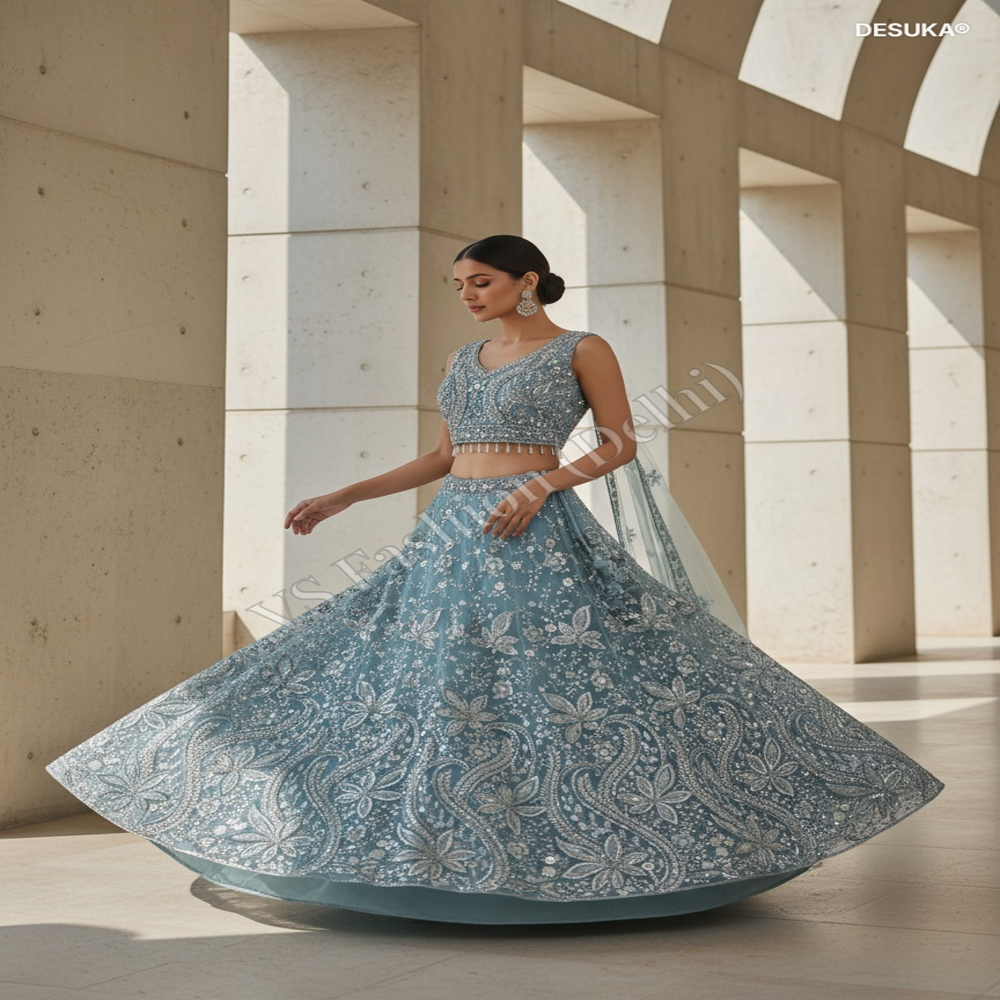CTP-60005 Dusty Blue Lehenga With Floral Embroidery
