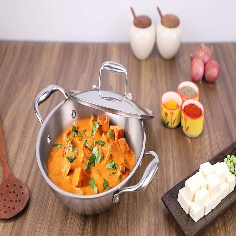 Vinod Cookware Food Grade 8 Litre Induction Friendly Platinum (TRI PLY) 18/8 Stainless Steel Kadai with Stainless Steel Lid (36cm, 8 Litre)