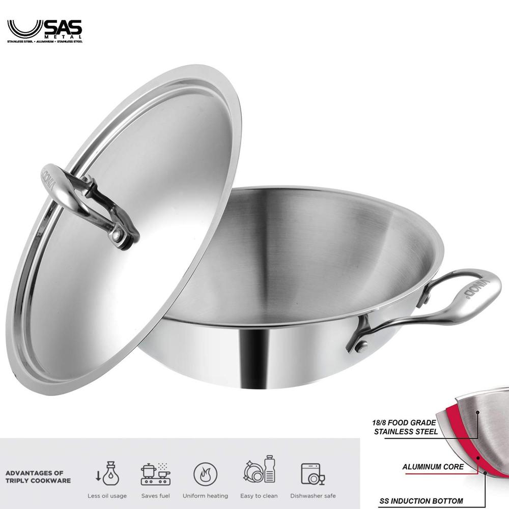 Vinod Cookware Food Grade 12 Litre Induction Friendly Platinum (TRI PLY) 18/8 Stainless Steel Kadai with Stainless Steel Lid (40cm, 12 Litre)