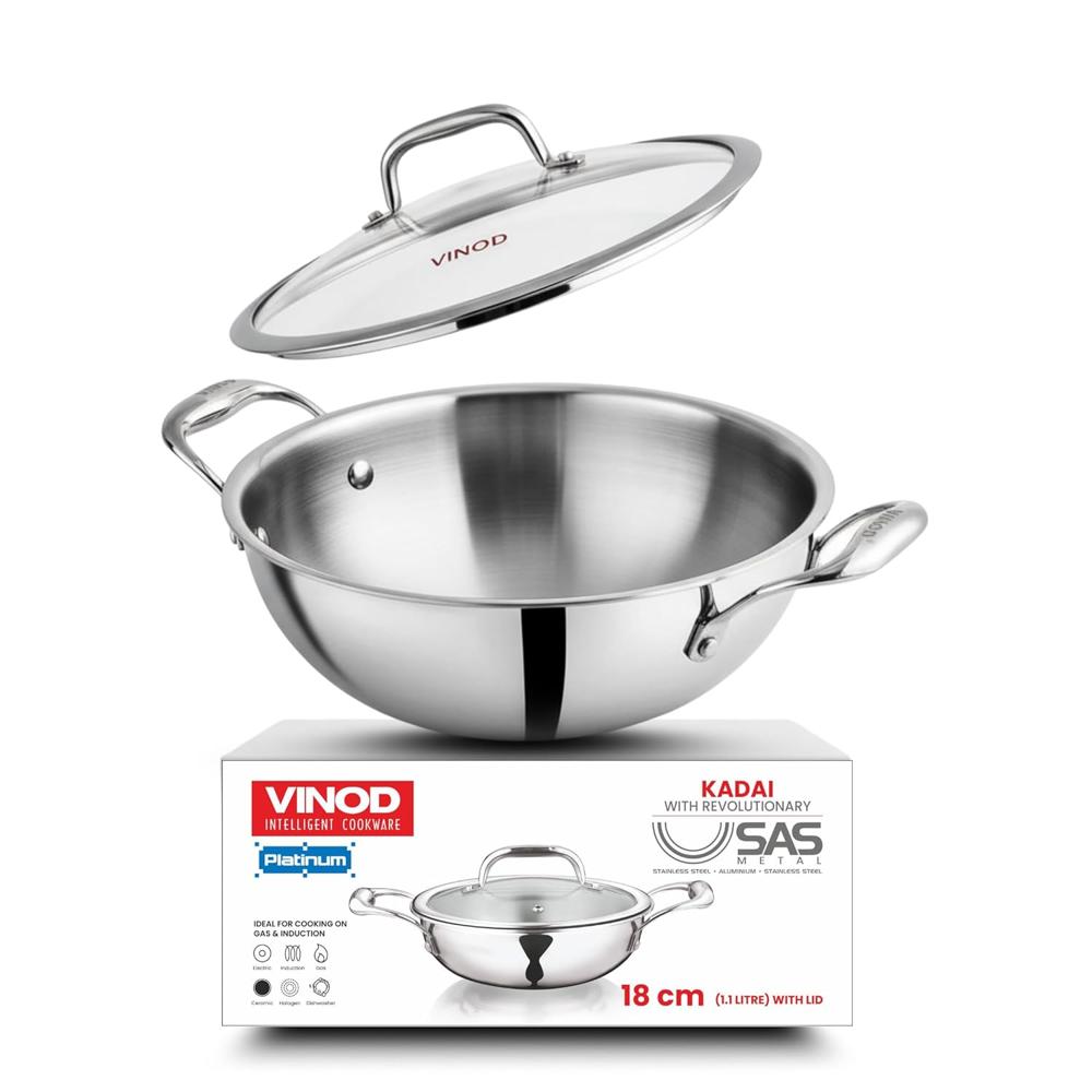 Vinod Platinum Triply Stainless Steel Extra Deep Kadai with Glass Lid - 1.3 L, 18 cm | 2.5mm Base, Even Heating, Less Oil Healthy Cooking, Heavy Bottom Induction Cookware Kadhai for Cooking & Frying