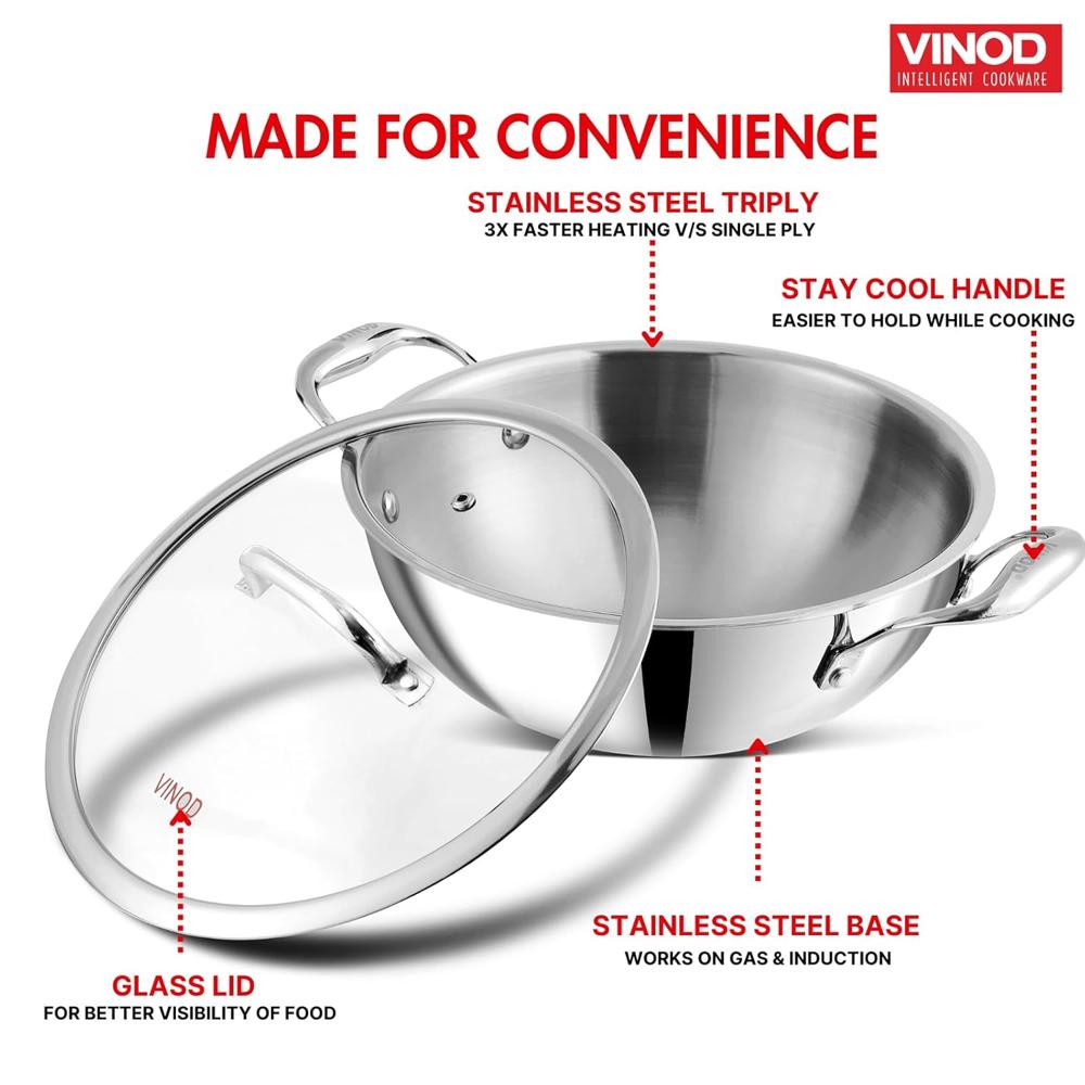 Vinod Platinum Triply Stainless Steel Extra Deep Kadai with Glass Lid - 1.3 L, 18 cm | 2.5mm Base, Even Heating, Less Oil Healthy Cooking, Heavy Bottom Induction Cookware Kadhai for Cooking & Frying