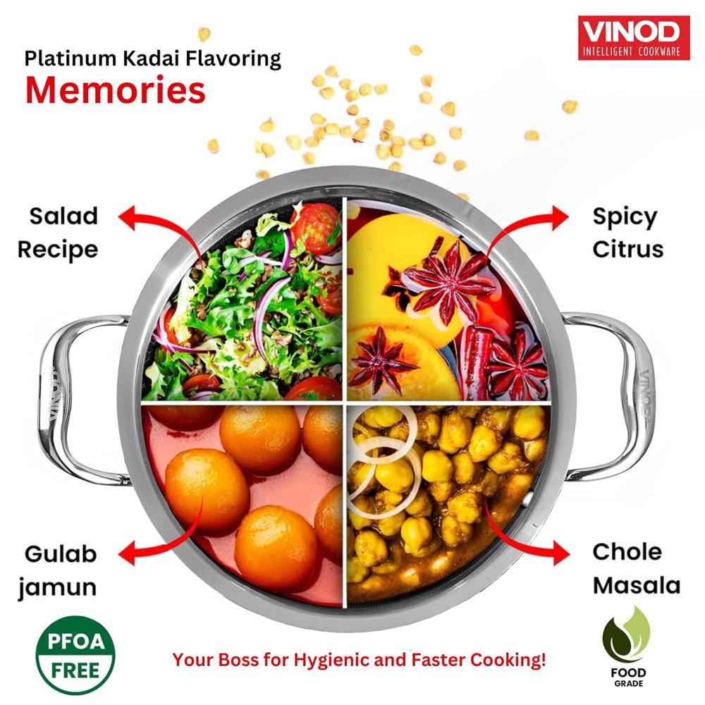 Vinod Platinum Triply Stainless Steel Extra Deep Kadai with Glass Lid - 2.5 L, 22 cm |2.5mm Base, Even Heating, Less Oil Healthy Cooking, Heavy Bottom Induction Cookware Kadhai for Cooking & Frying