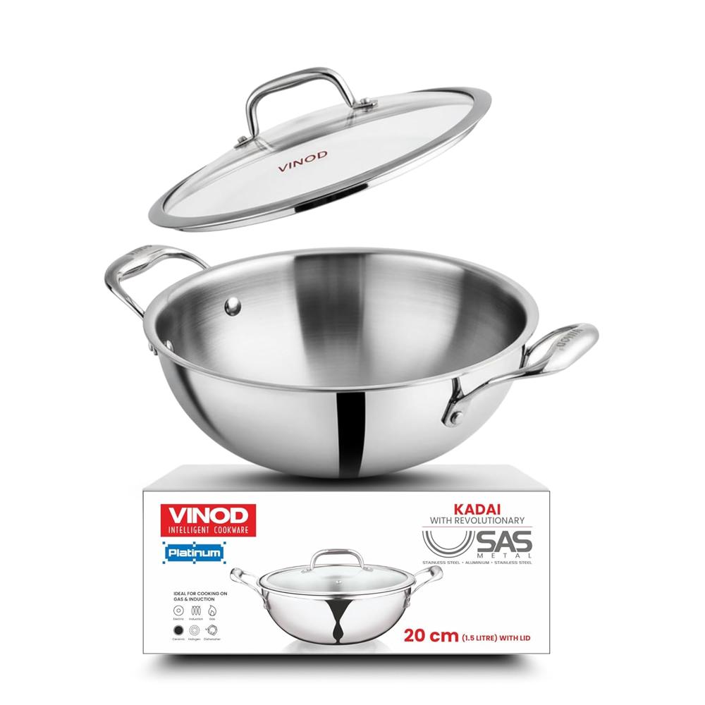 Vinod Platinum Triply Stainless Steel Extra Deep Kadai with Glass Lid - 2.5 L, 22 cm |2.5mm Base, Even Heating, Less Oil Healthy Cooking, Heavy Bottom Induction Cookware Kadhai for Cooking & Frying