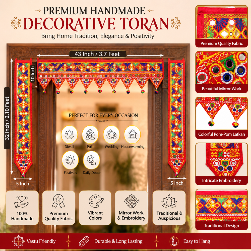 Krishna Handloom Temple Entrance Toran For Mandir Decor F 27 - Color: Red