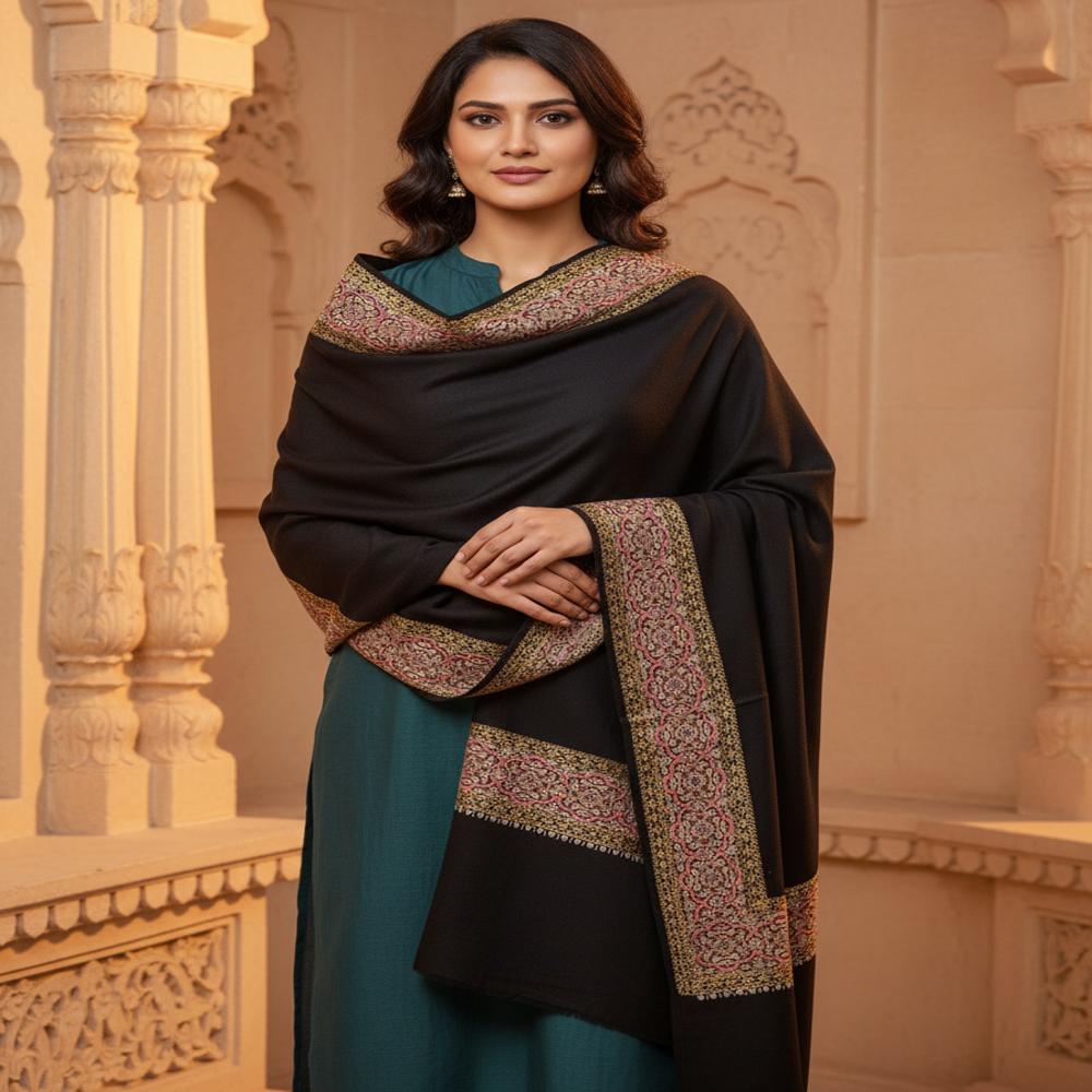 Woolen 4 side Zari resham embroidered border shawl