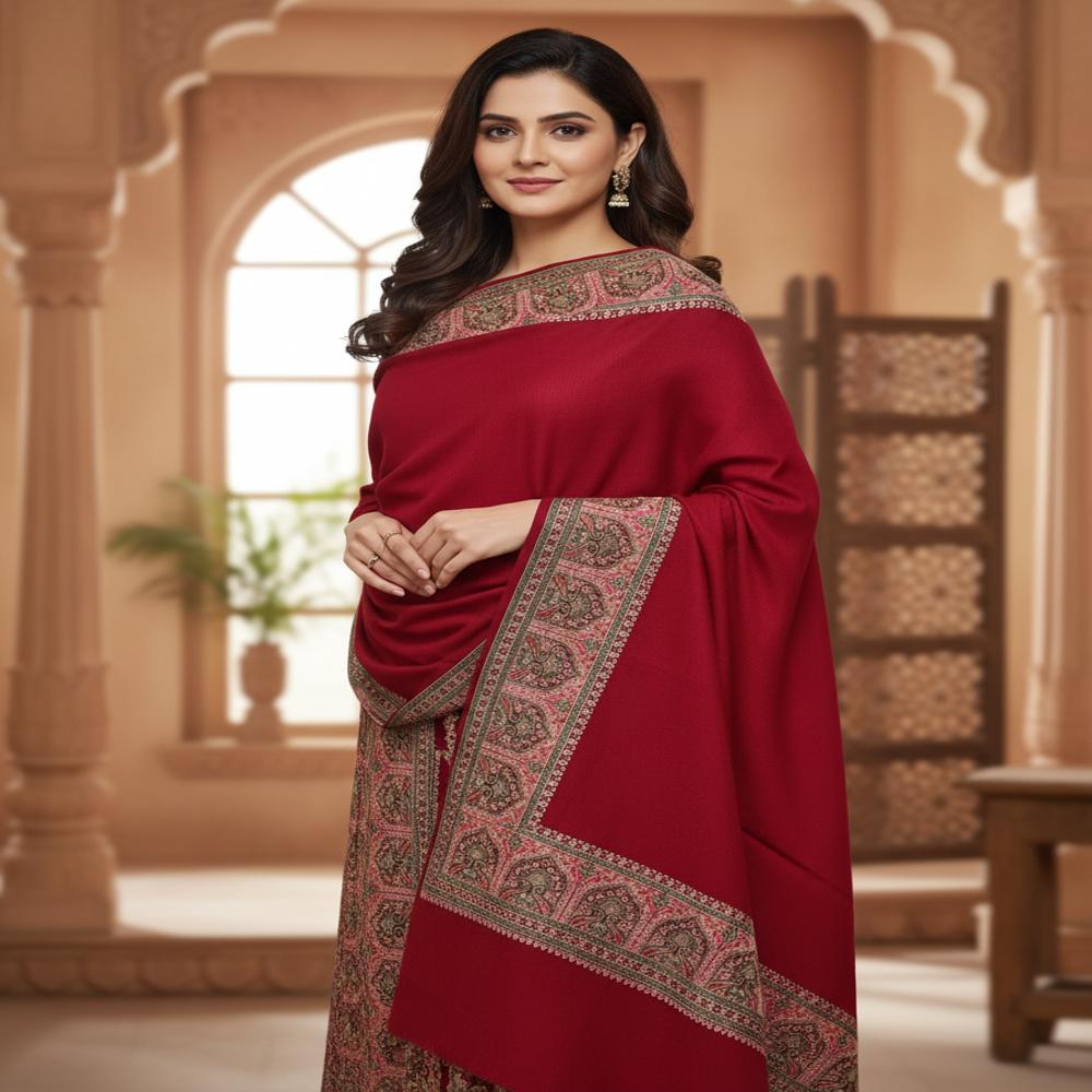 Woolen 4 side Zari resham embroidered border shawl