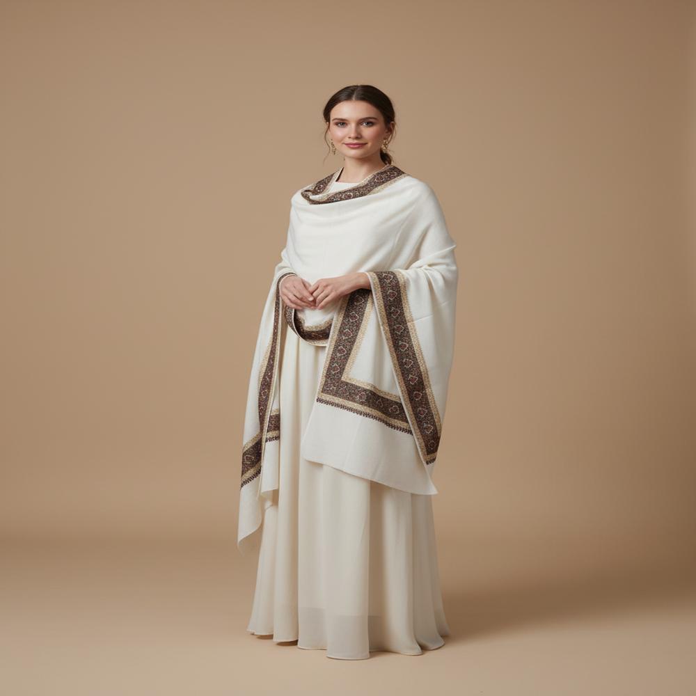 Woolen 4 side Zari resham embroidered border shawl