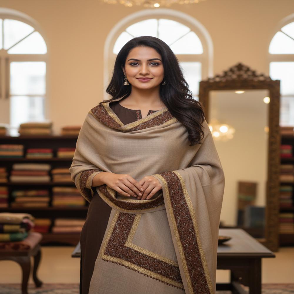 Woolen 4 side Zari resham embroidered border shawl
