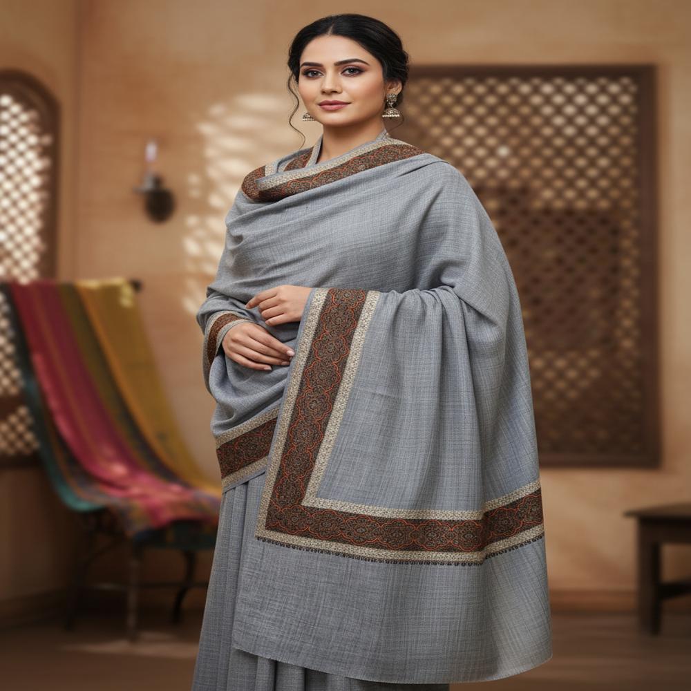 Woolen 4 side Zari resham embroidered border shawl