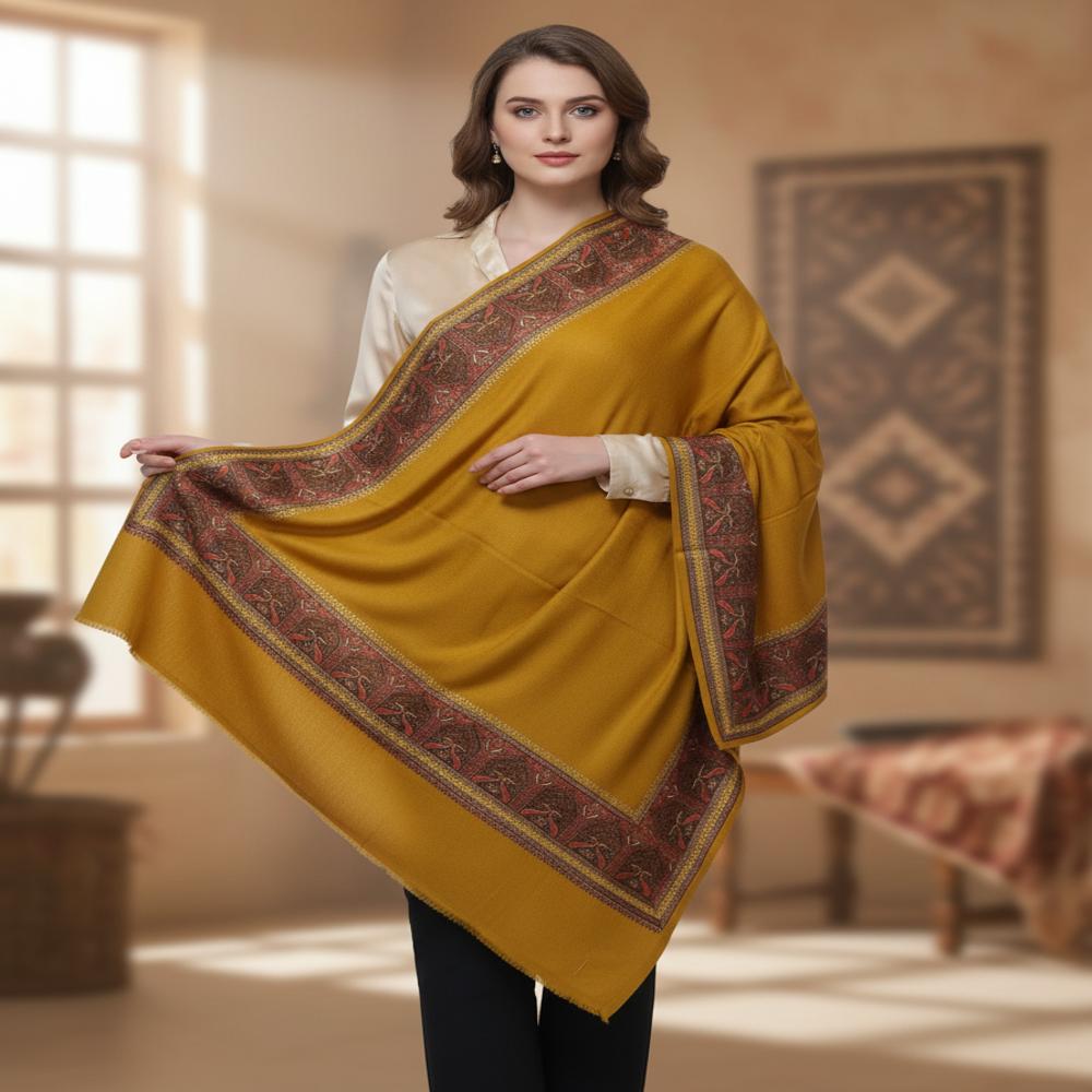 Woolen 4 side Zari resham embroidered border shawl