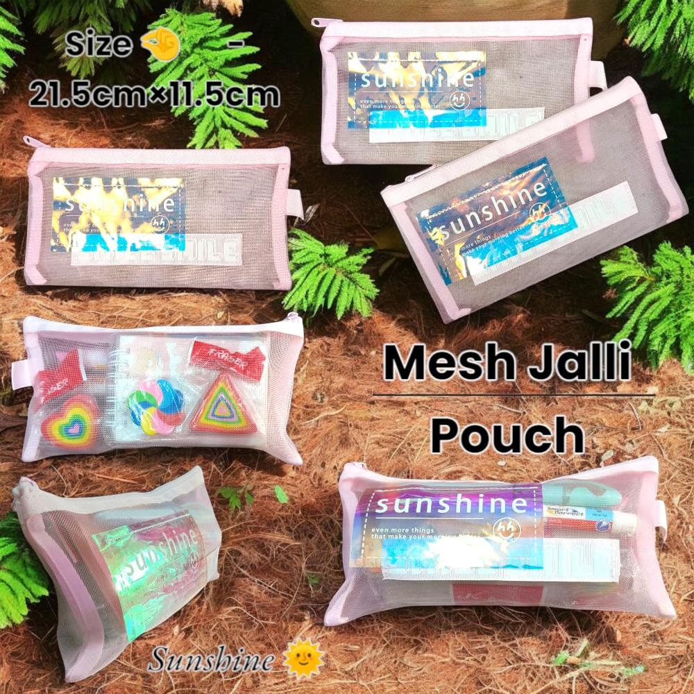 Plain Jute Pink Mesh Sunshine Smile Pouch