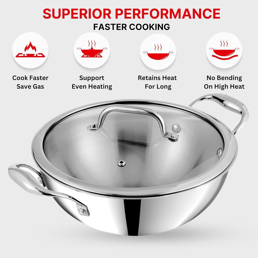 Vinod Platinum Triply Stainless Steel Extra Deep Kadai with Glass Lid - 5 L, 28 cm | 2.5mm Base, Even Heating, Less Oil Healthy Cooking, Heavy Bottom Induction Cookware Kadhai for Cooking & Frying