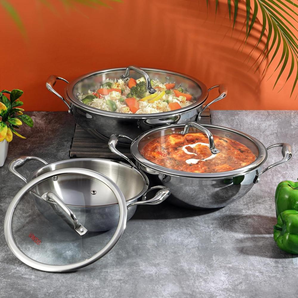 Vinod Platinum Triply Stainless Steel Extra Deep Kadai with Glass Lid - 6 L, 30 cm | 2.5mm Base, Even Heating, Less Oil Healthy Cooking, Heavy Bottom Induction Cookware Kadhai for Cooking & Frying