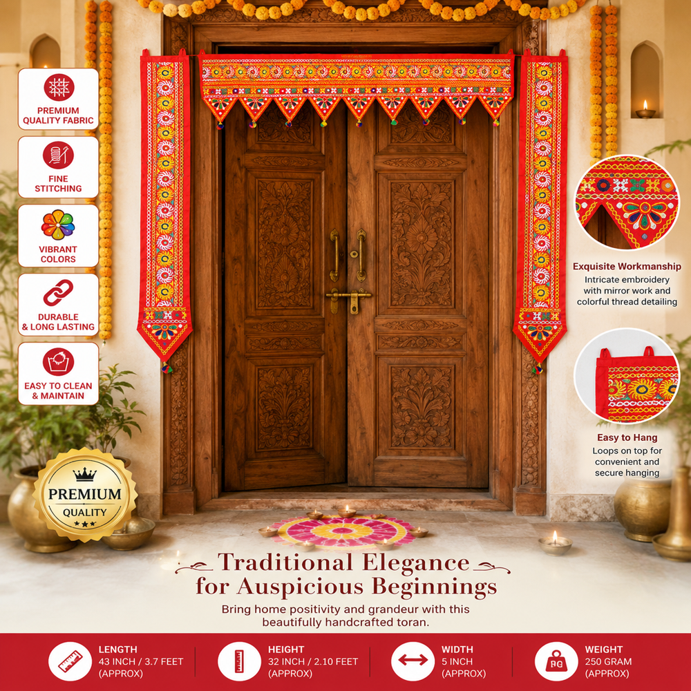 Krishna Handloom Gujarati Toran For Diwali Decoration G 13 - Color: Red