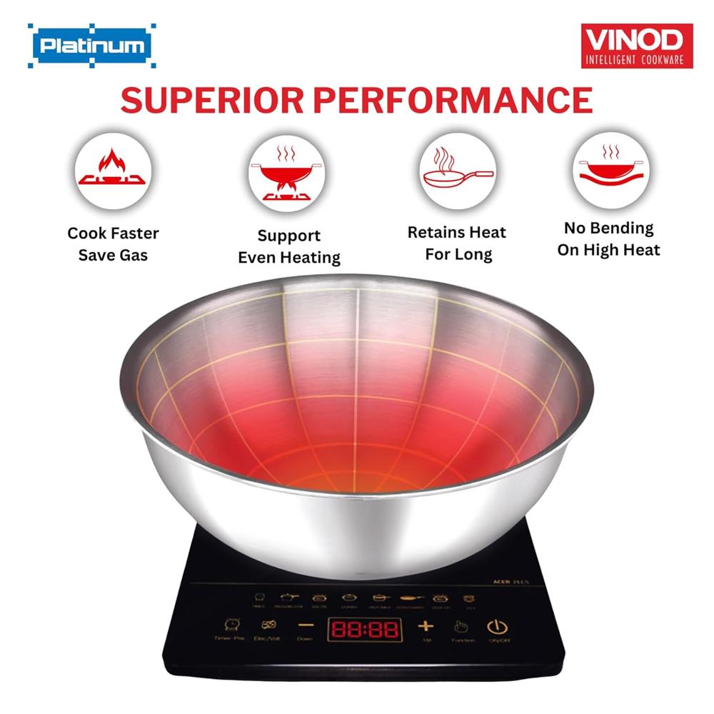 Vinod Platinum Triply Stainless Steel Extra Deep Tasla/Kadai - 2.5 litres, 22 cm | 2.5 mm Thick Heavy Bottom, Fast & Even Heating, Less Oil Healthy Cooking, Induction Base Kadhai for Frying & Dough
