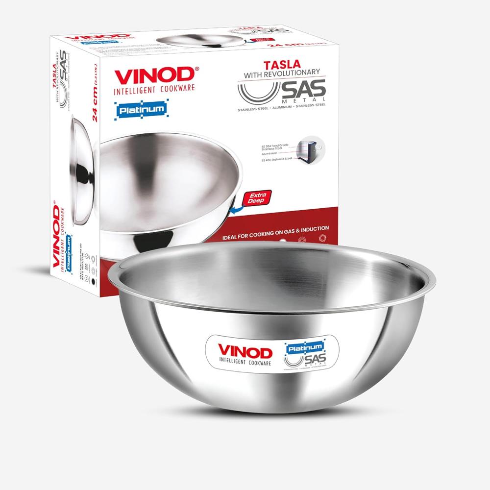 Vinod Platinum Triply Stainless Steel Extra Deep Tasla/Kadai - 3.2 litres, 24 cm | 2.5 mm Thick Heavy Bottom, Fast & Even Heating, Less Oil Healthy Cooking, Induction Base Kadhai for Frying & Dough