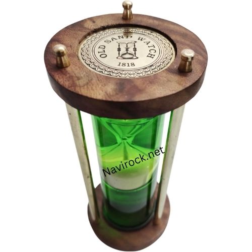 Nautical Brass Tabletop Hourglass Wooden Base Green Liquid Sand Timer
