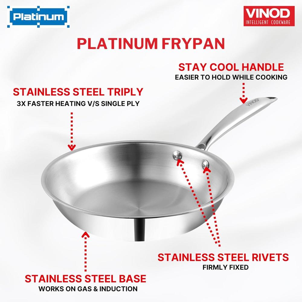 Vinod Platinum Triply Stainless Steel Frying Pan - 700 ml, 16 cm | 2.5 mm Thick Tri ply Cookware | Heavy-Bottom Frypan for Healthy, Low-Oil Cooking | Induction and Gas Compatible | Scratch Resistant