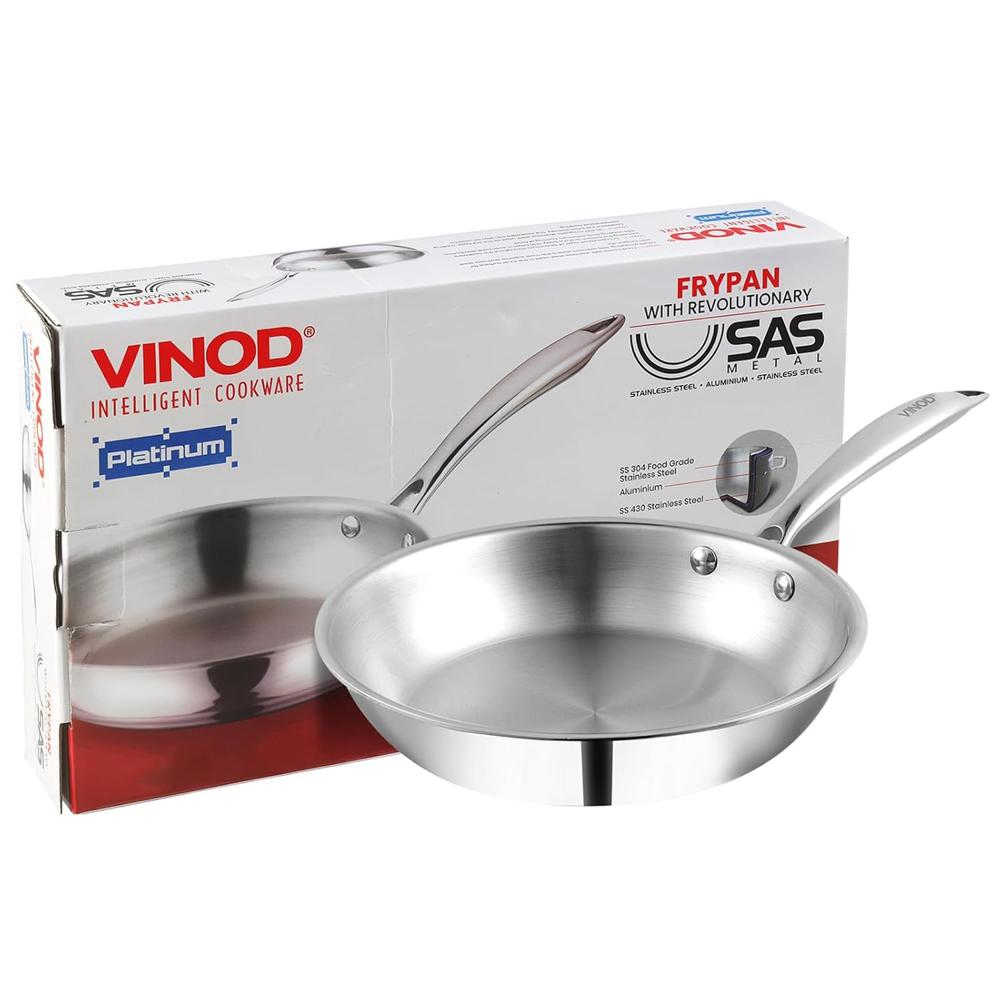 Vinod Platinum Triply Stainless Steel Frying Pan - 700 ml, 16 cm | 2.5 mm Thick Tri ply Cookware | Heavy-Bottom Frypan for Healthy, Low-Oil Cooking | Induction and Gas Compatible | Scratch Resistant