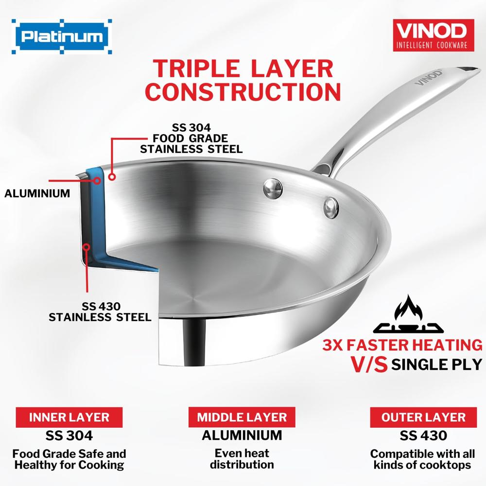 Vinod Platinum Triply Stainless Steel Frying Pan - 700 ml, 16 cm | 2.5 mm Thick Tri ply Cookware | Heavy-Bottom Frypan for Healthy, Low-Oil Cooking | Induction and Gas Compatible | Scratch Resistant
