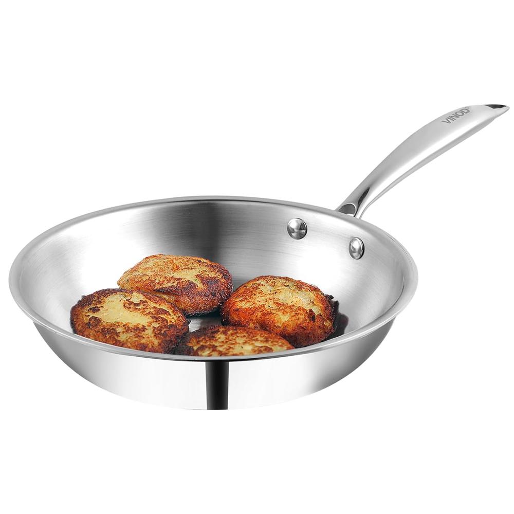 Vinod Platinum Triply Stainless Steel Frying Pan - 2.2 L, 24 cm | 2.5 mm Thick Tri ply Cookware | Heavy-Bottom Frypan for Healthy, Low-Oil Cooking | Induction and Gas Compatible | Scratch Resistant