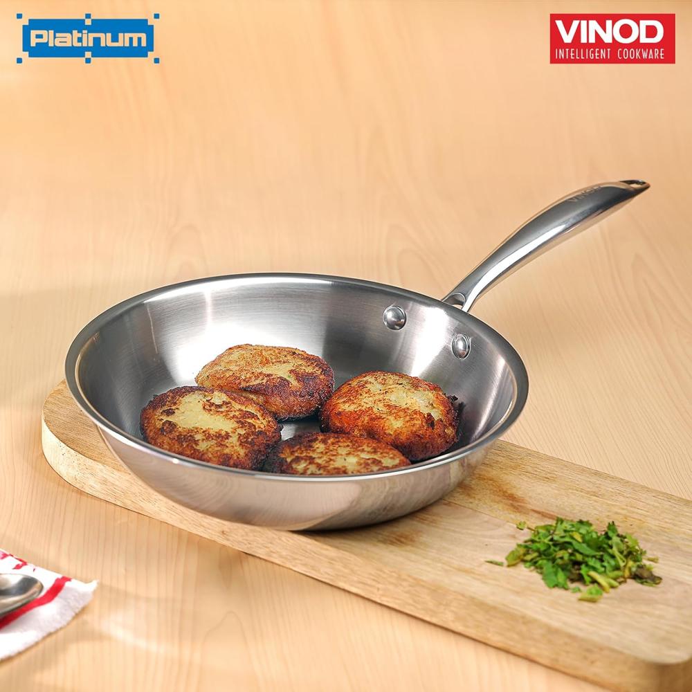 Vinod Platinum Triply Stainless Steel Frying Pan - 2.7 L, 26 cm | 2.5 mm Thick Tri ply Cookware | Heavy-Bottom Frypan for Healthy, Low-Oil Cooking | Induction and Gas Compatible | Scratch Resistant