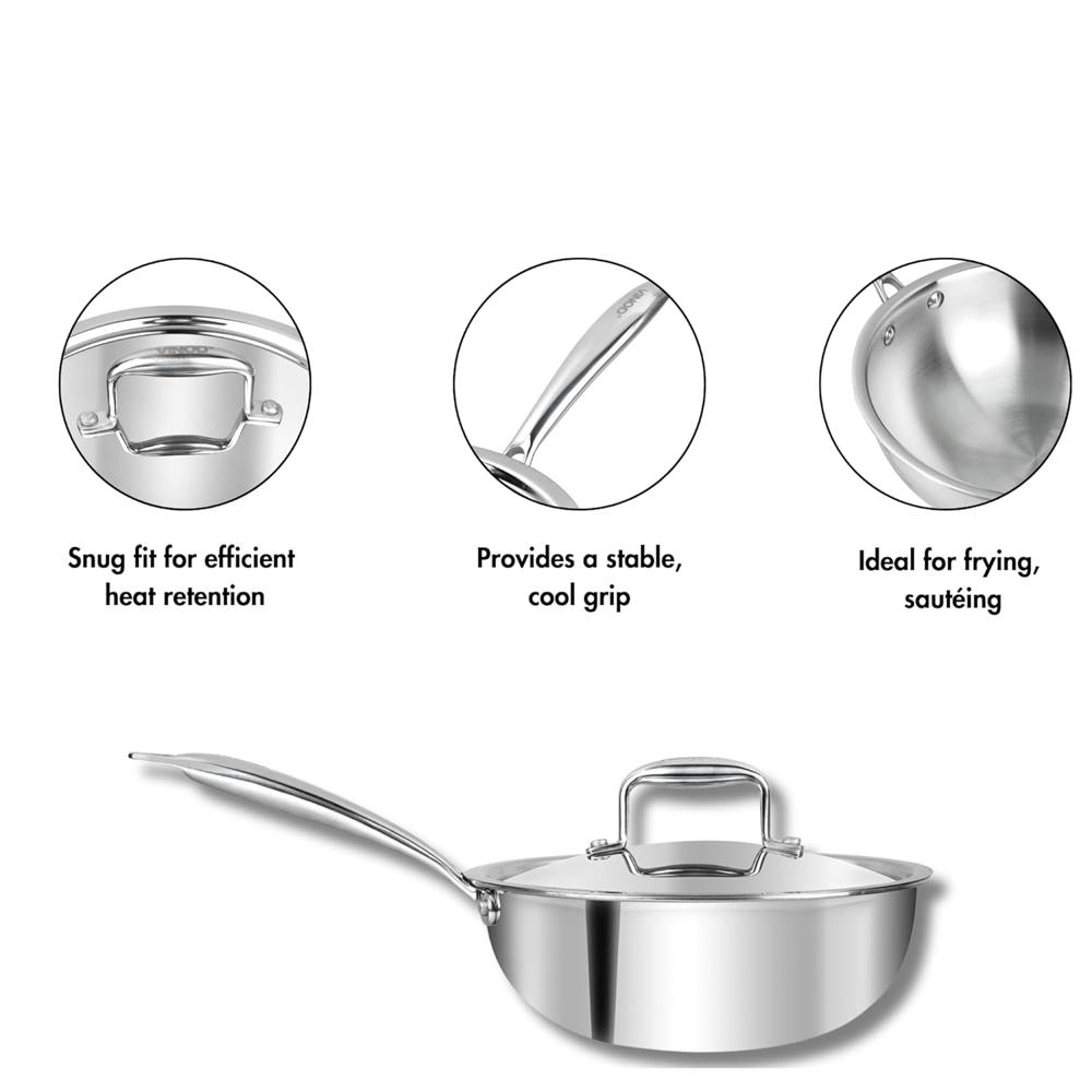 Vinod Platinum Triply Stainless Steel Deep Frying Pan with Lid - 1.8 L, 20 cm | 2.5 mm Thick Tri ply Cookware | Heavy-Bottom Frypan for Healthy, Low-Oil Cooking | Induction and Gas Compatible