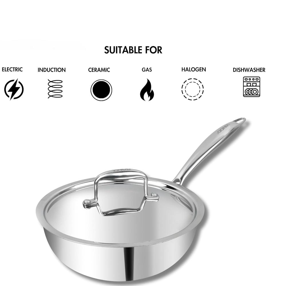 Vinod Platinum Triply Stainless Steel Deep Frying Pan with Lid - 2.5 L, 22 cm | 2.5 mm Thick Tri ply Cookware | Heavy-Bottom Frypan for Healthy, Low-Oil Cooking | Induction and Gas Compatible
